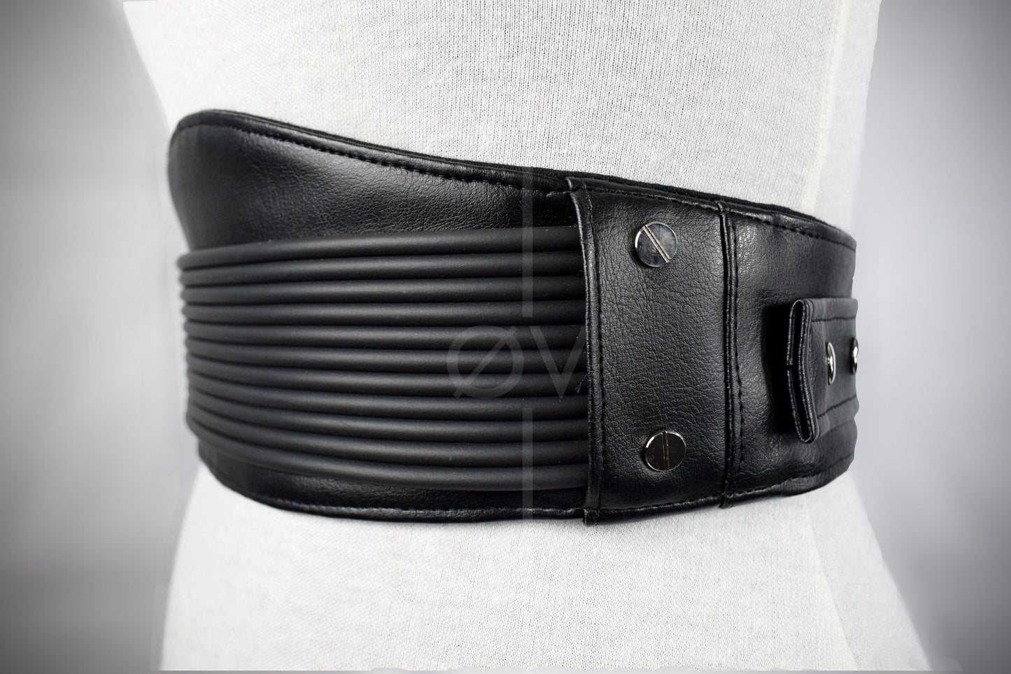 Adjustable Black Vegan Leather Wide Waist Belt/Corset With Tubing Details // Goth/ Industrial