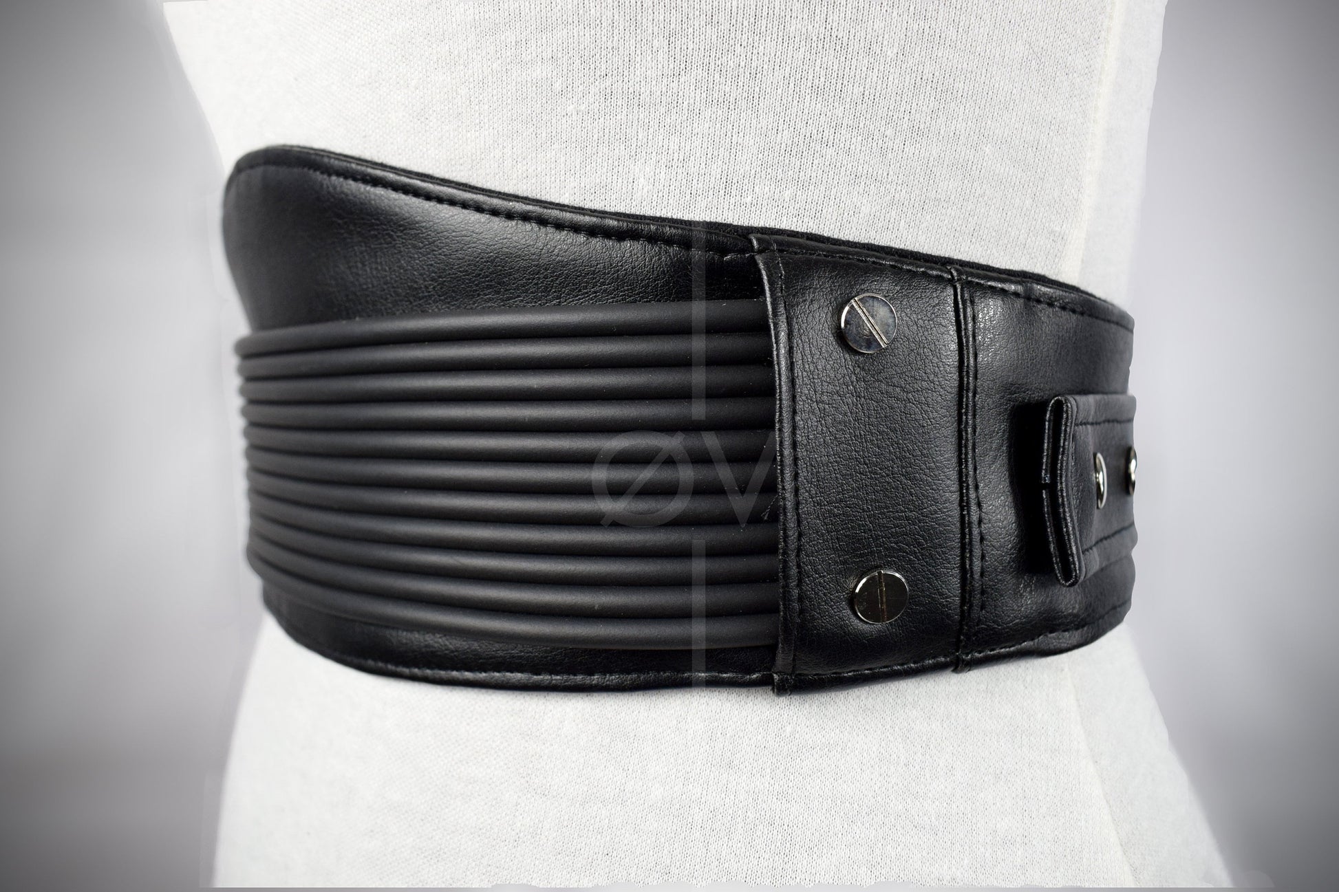 Adjustable Black Vegan Leather Wide Waist Belt/Corset With Tubing Details // Goth/ Industrial