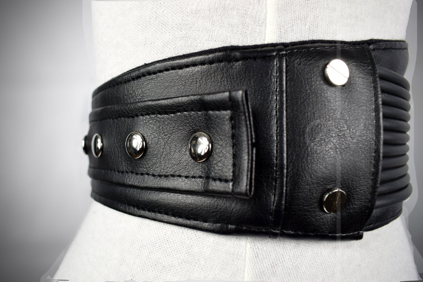 Adjustable Black Vegan Leather Wide Waist Belt/Corset With Tubing Details // Goth/ Industrial