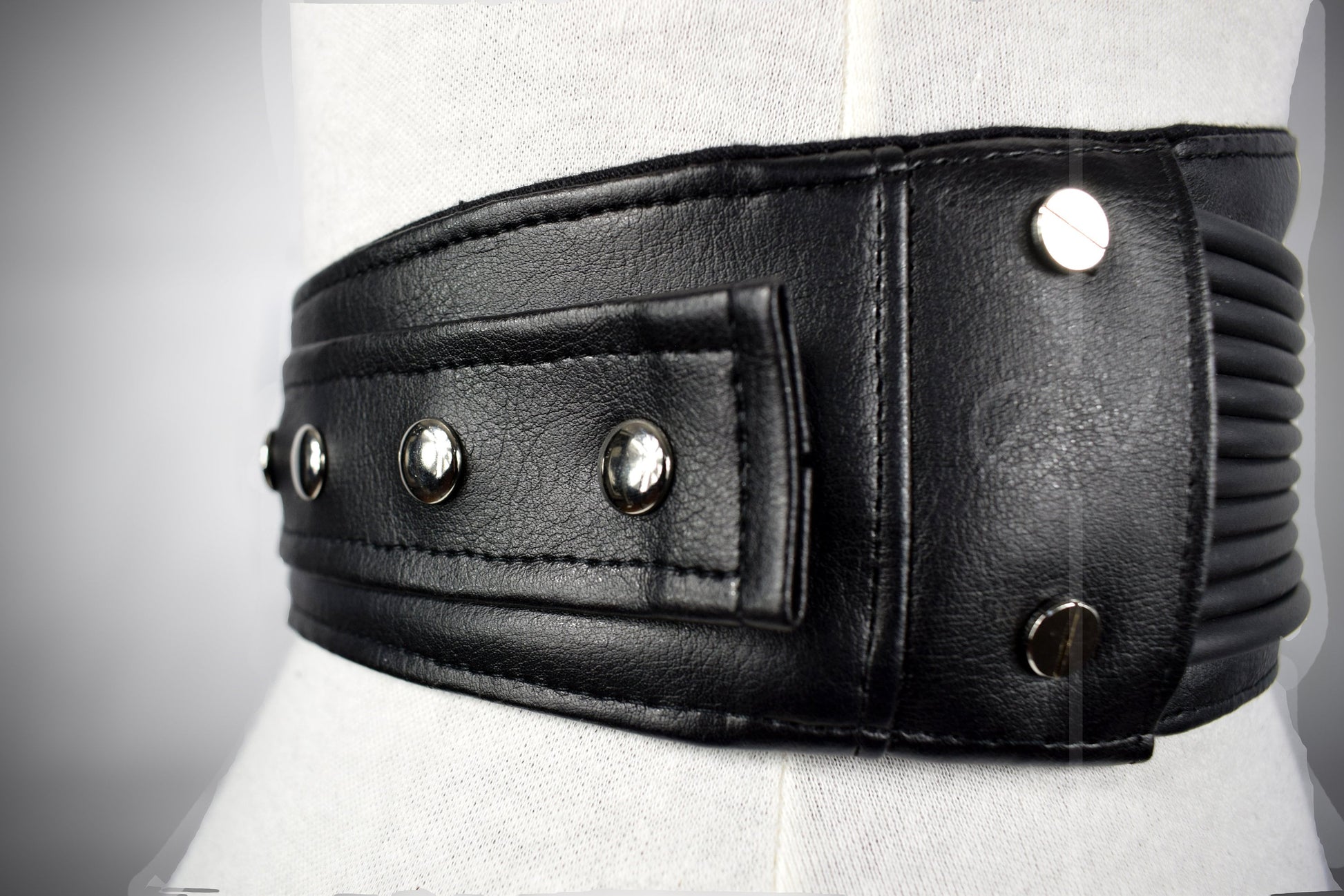 Adjustable Black Vegan Leather Wide Waist Belt/Corset With Tubing Details // Goth/ Industrial
