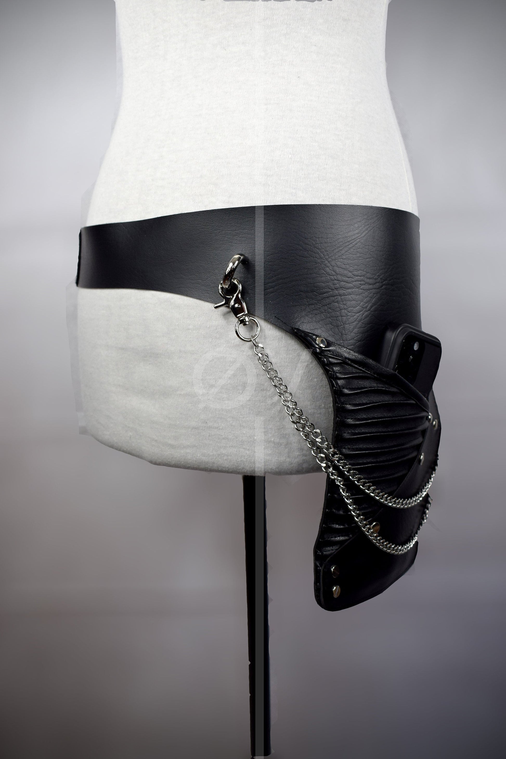 OOAK Vegan Leather Hip/ Side Belt Pouch Holster Waist Bag with Chain Detail// Goth/fetish/festival.