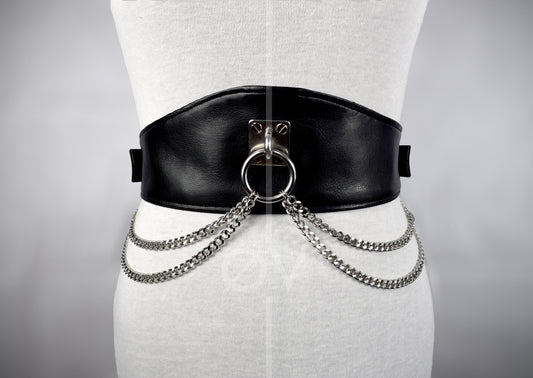 Adjustable Wide Black Vegan Leather Harness Belt with Chain and Ring Detail // Goth/ Fetish/ Industrial.