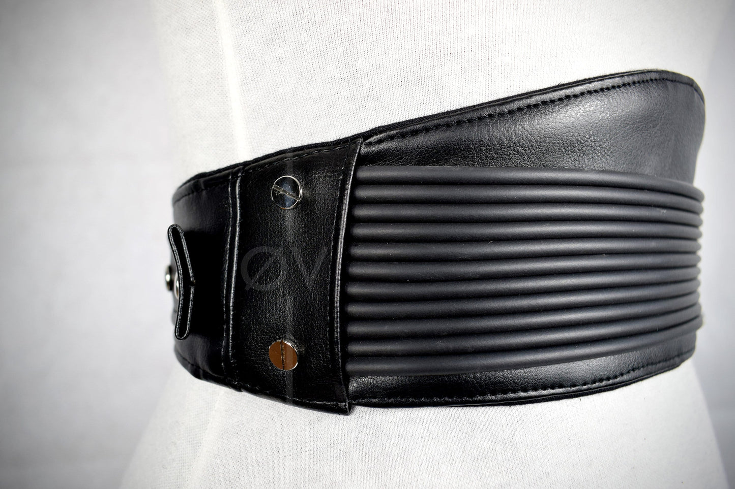 Adjustable Black Vegan Leather Wide Waist Belt/Corset With Tubing Details // Goth/ Industrial