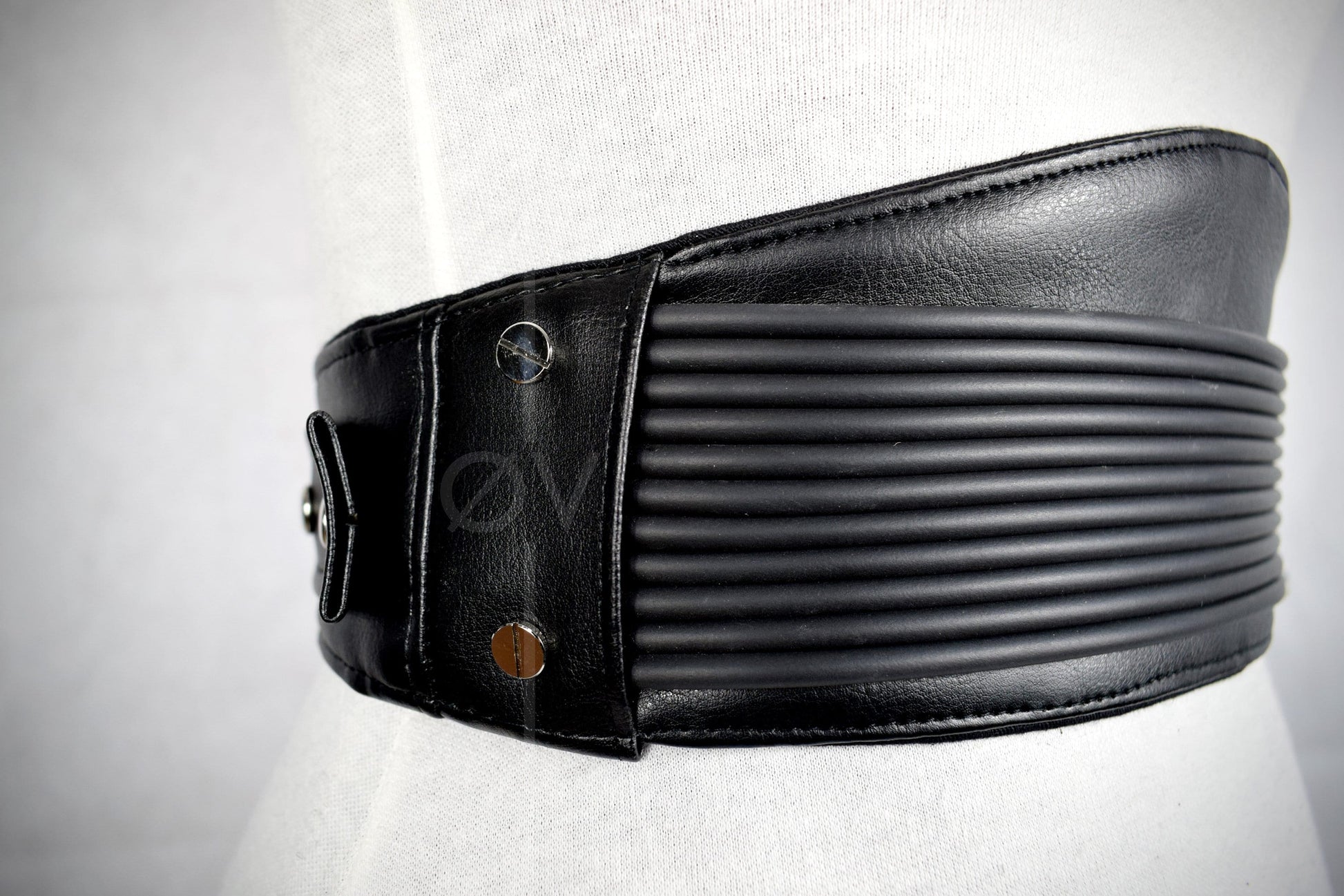 Adjustable Black Vegan Leather Wide Waist Belt/Corset With Tubing Details // Goth/ Industrial