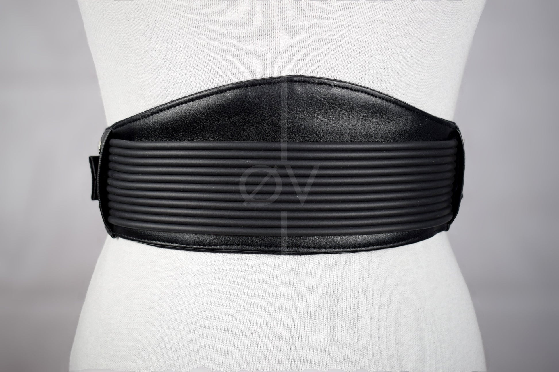 Adjustable Black Vegan Leather Wide Waist Belt/Corset With Tubing Details // Goth/ Industrial