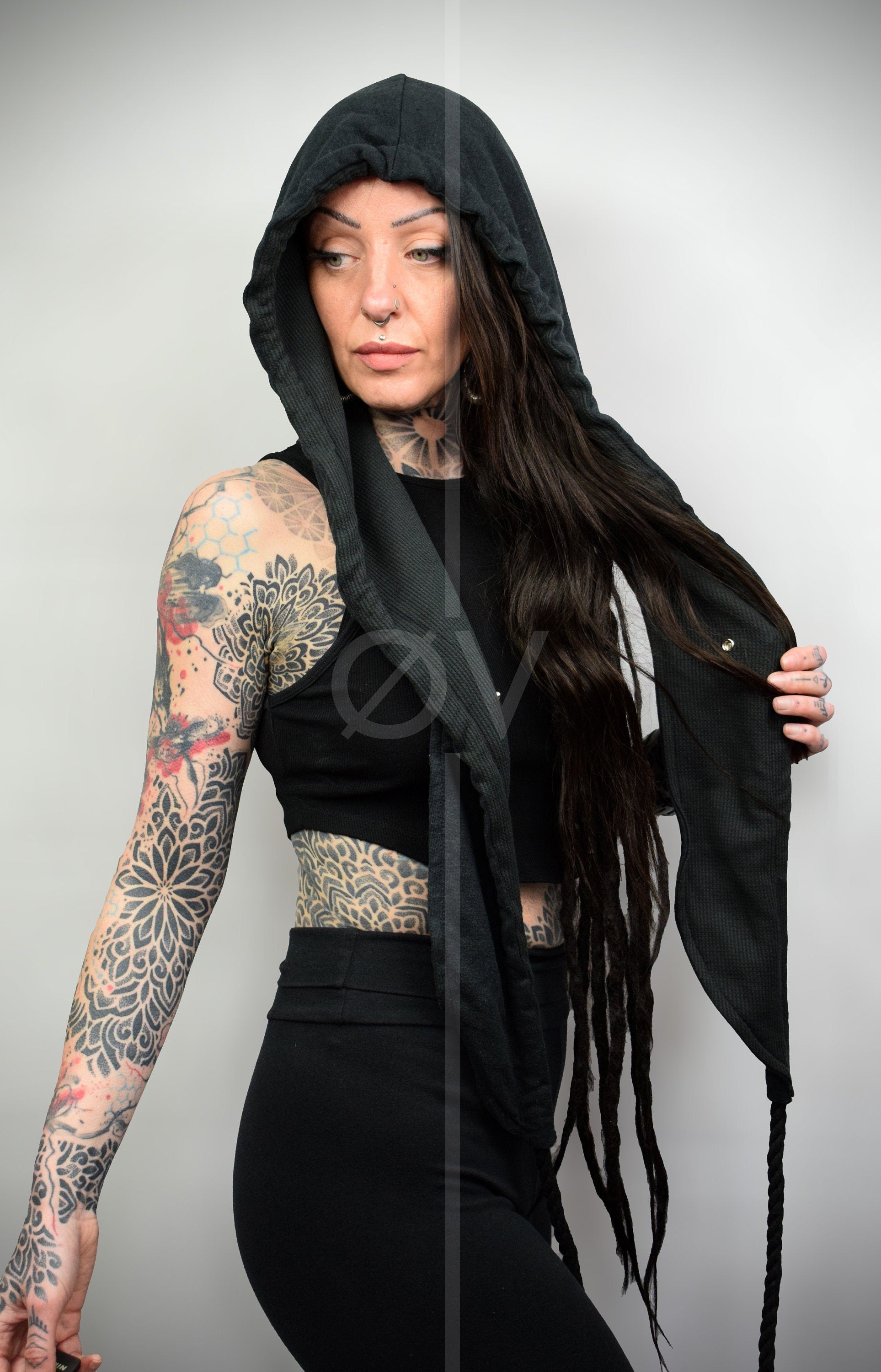 Black Unisex Hooded Scarf Cowl // Hemp/ Festival/ Goth/ Cosplay