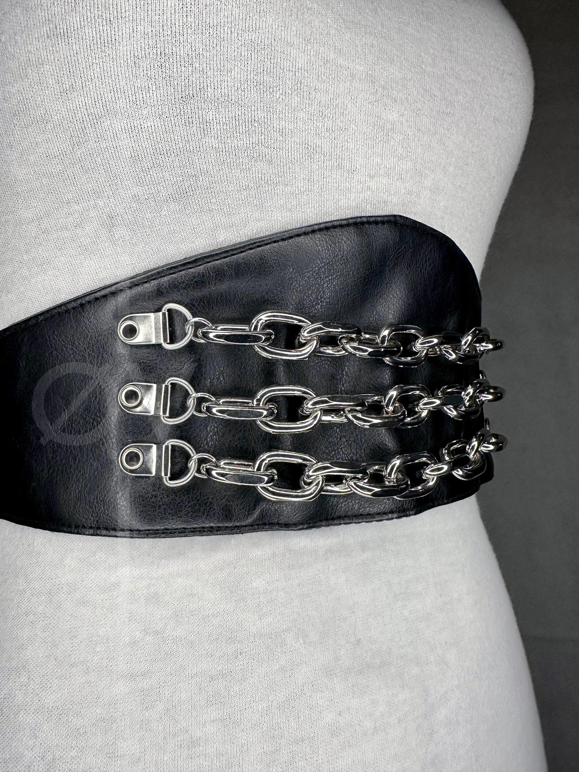 Adjustable Black Vegan Leather Wide Waist Belt/Corset With Chain Details // Goth/ Industrial