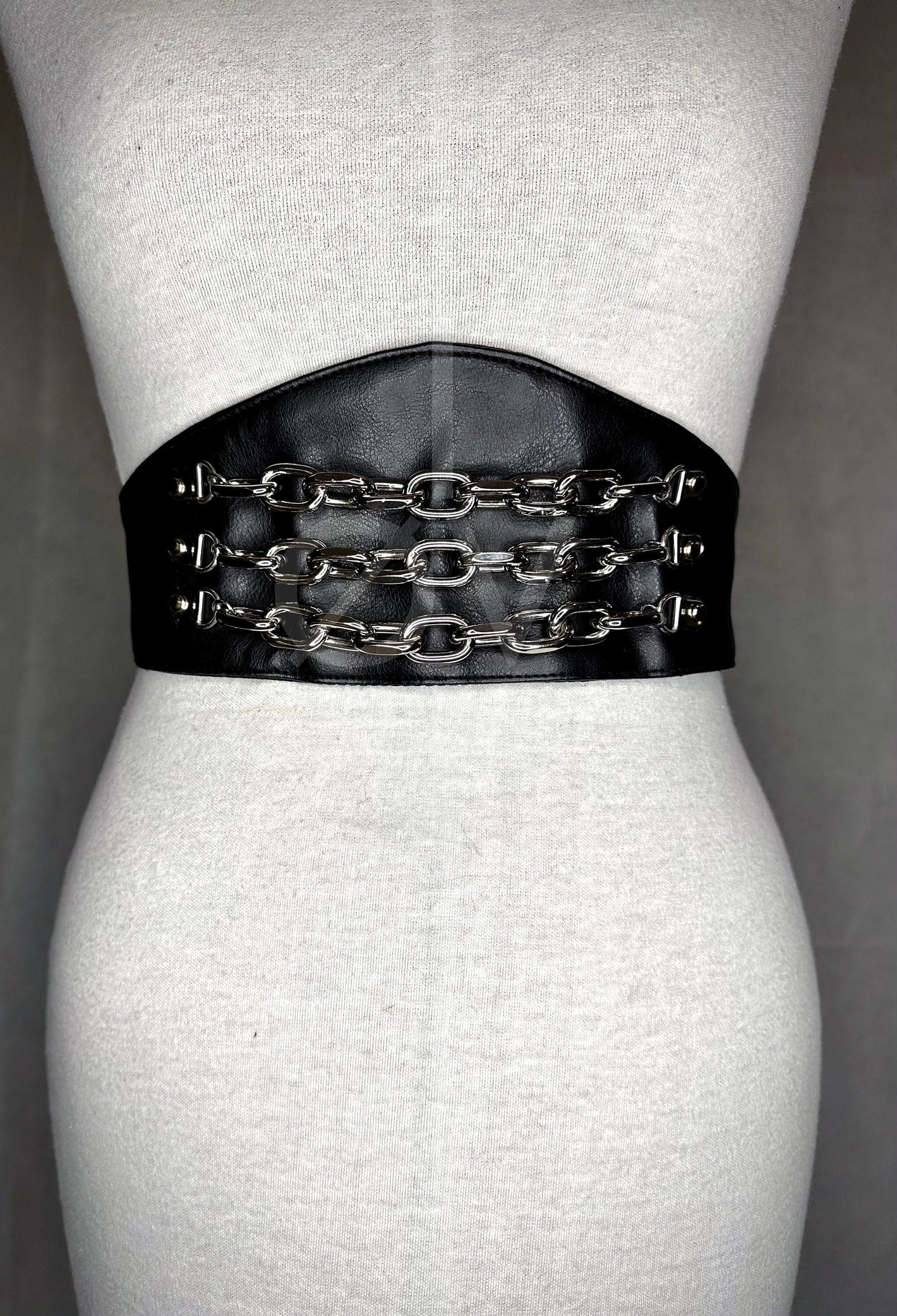 Adjustable Black Vegan Leather Wide Waist Belt/Corset With Chain Details // Goth/ Industrial