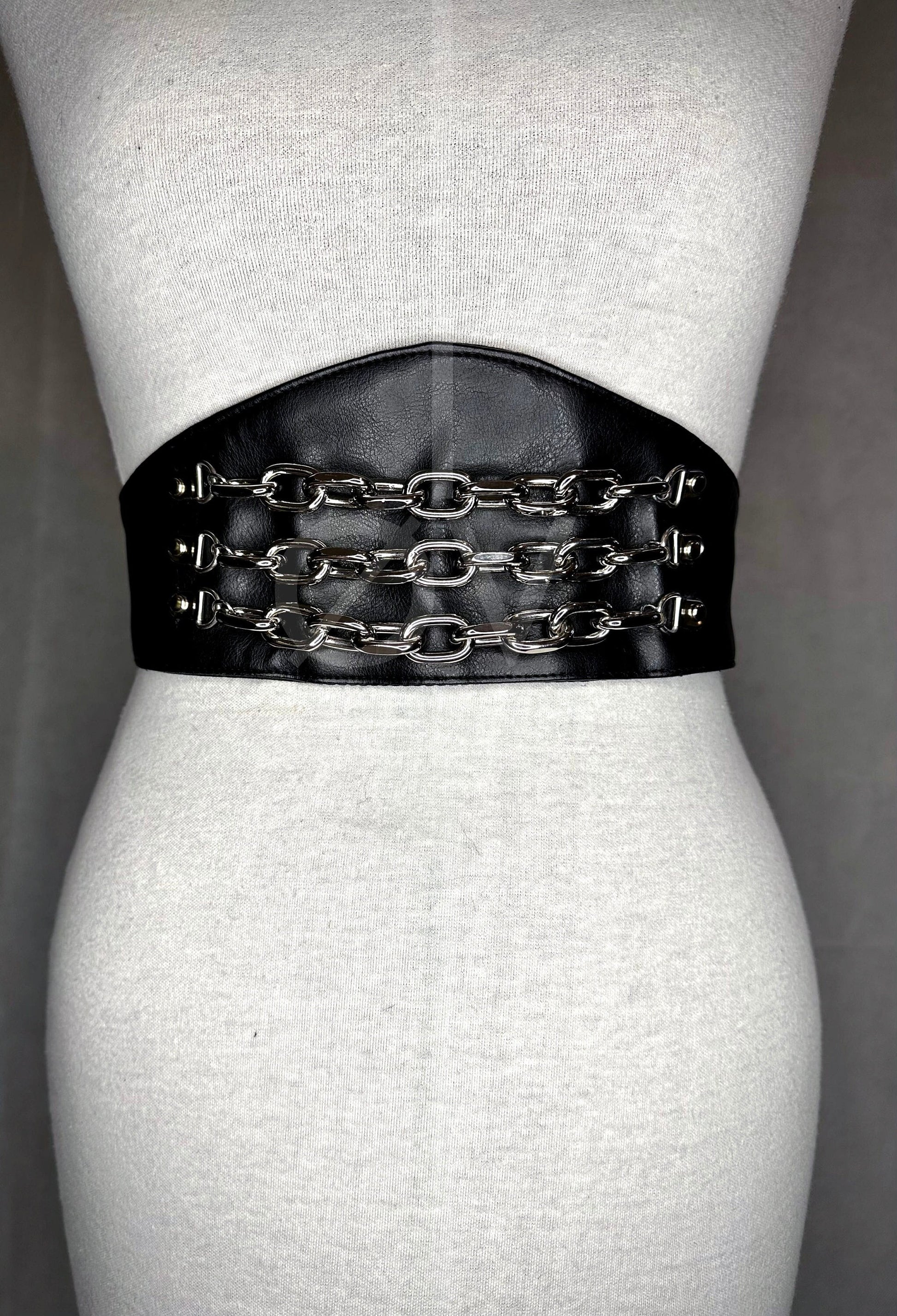 Adjustable Black Vegan Leather Wide Waist Belt/Corset With Chain Details // Goth/ Industrial