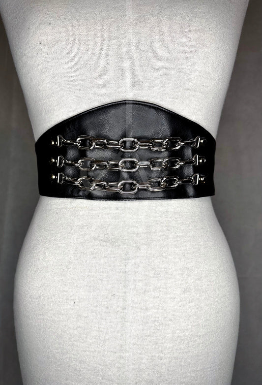 Adjustable Black Vegan Leather Wide Waist Belt/Corset With Chain Details // Goth/ Industrial