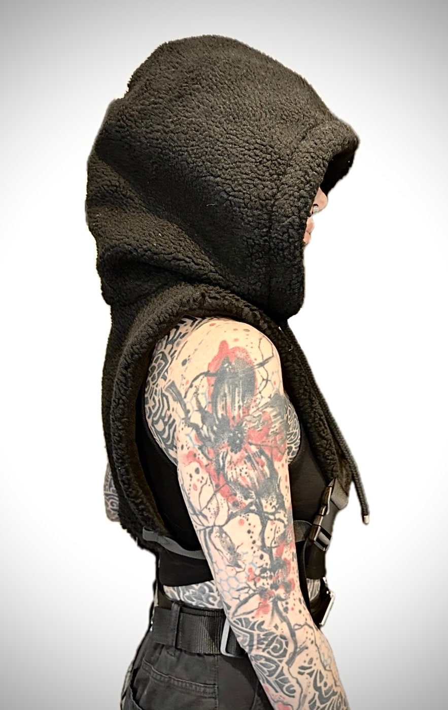 Black Sherpa Fleece Hooded Poncho with Vegan Leather Pocket // Techwear/ Goth Style
