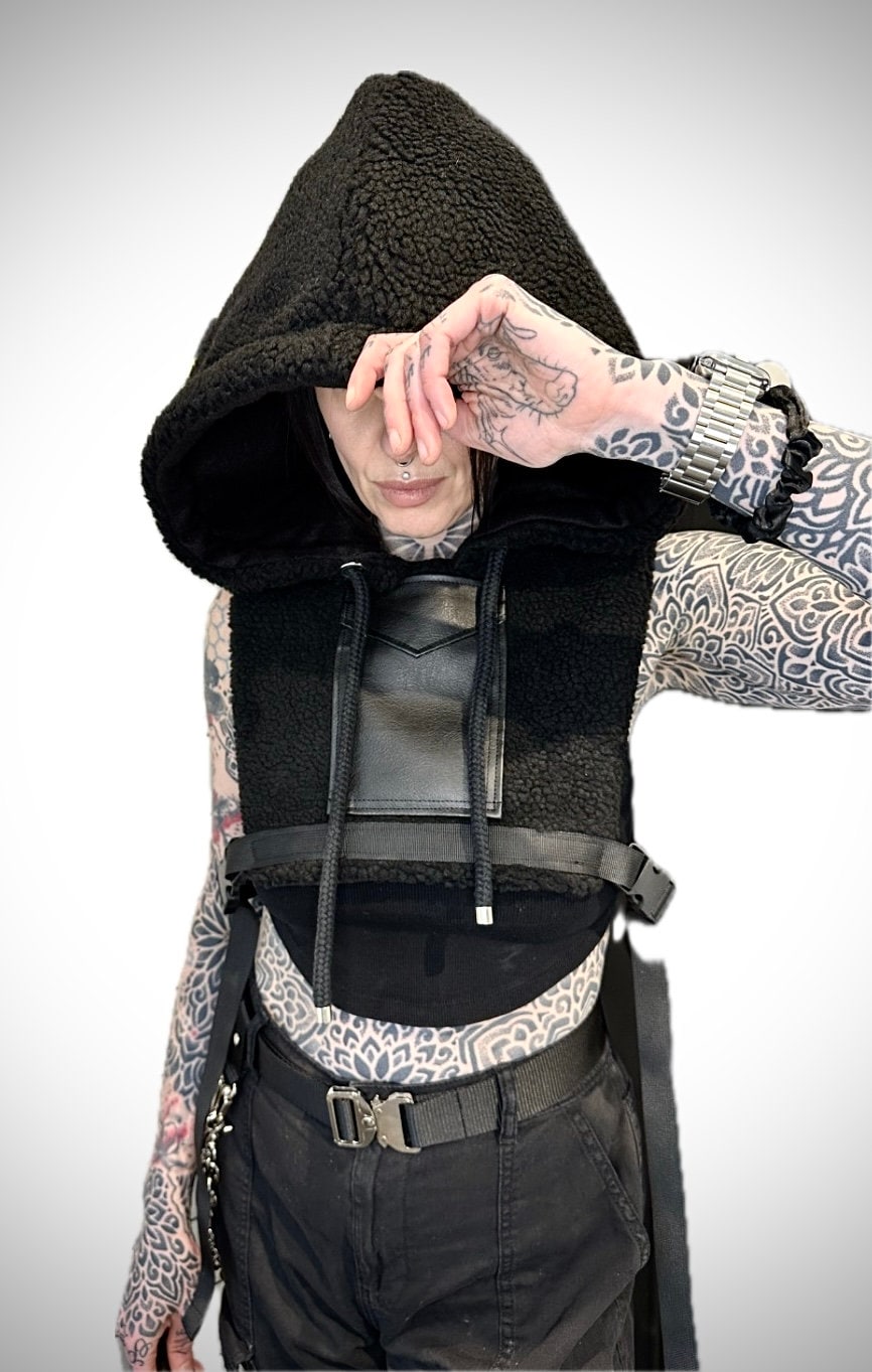 Black Sherpa Fleece Hooded Poncho with Vegan Leather Pocket // Techwear/ Goth Style