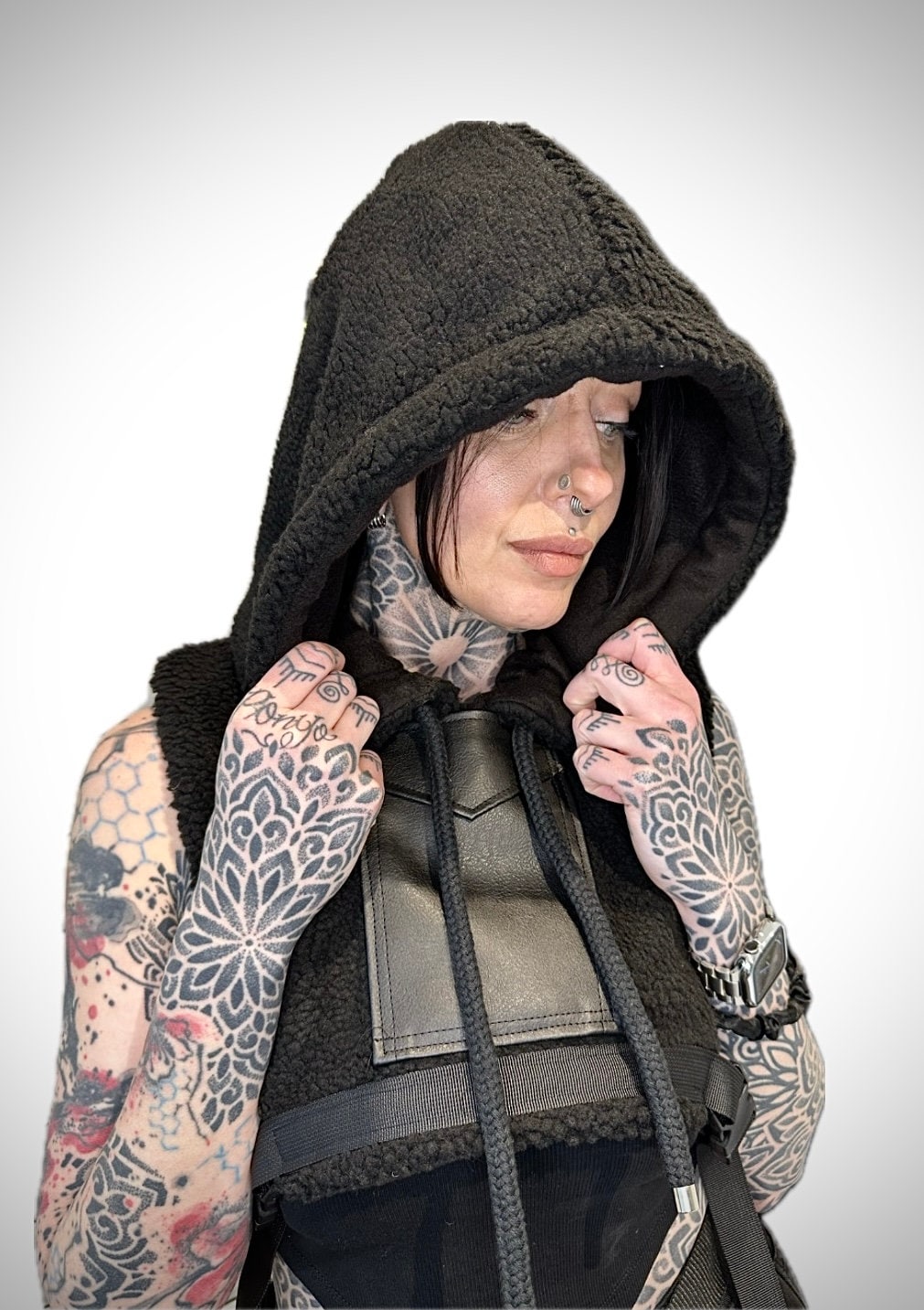 Black Sherpa Fleece Hooded Poncho with Vegan Leather Pocket // Techwear/ Goth Style