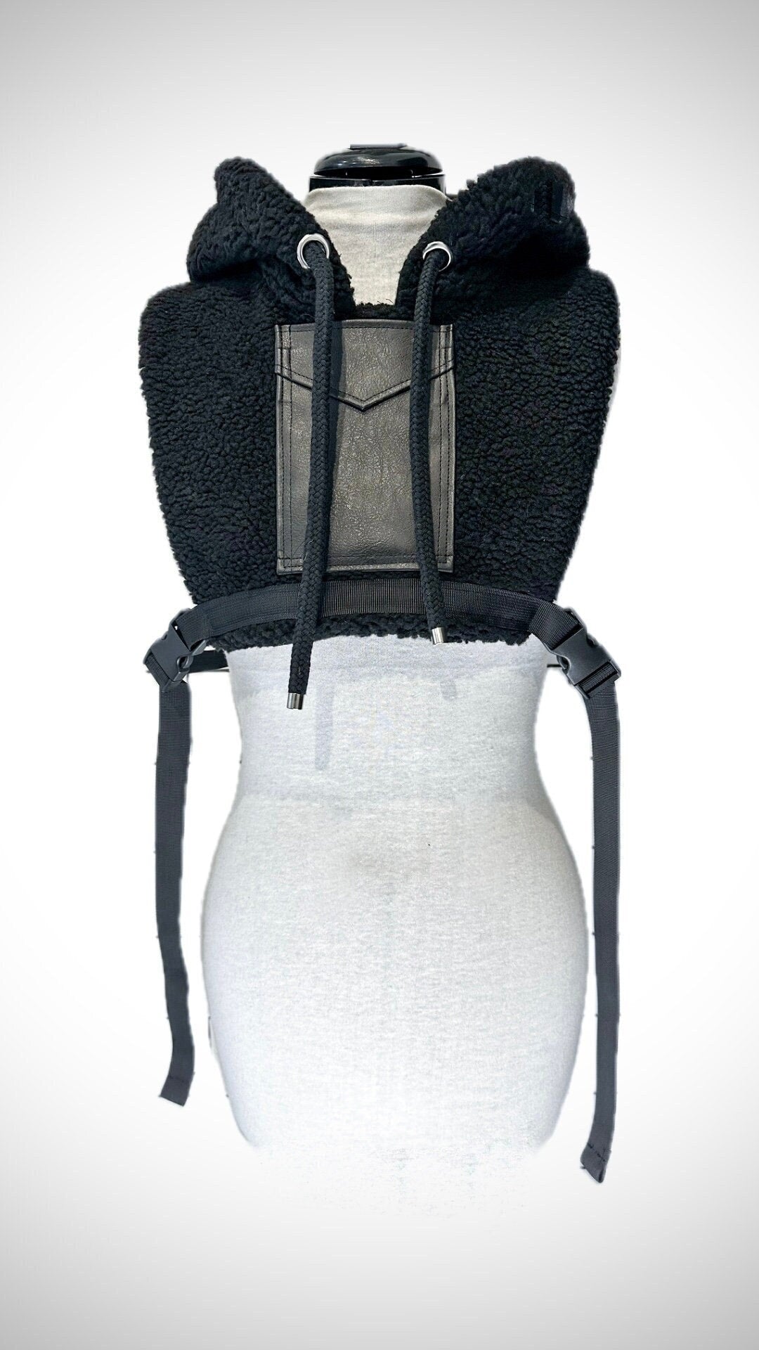 Black Sherpa Fleece Hooded Poncho with Vegan Leather Pocket // Techwear/ Goth Style