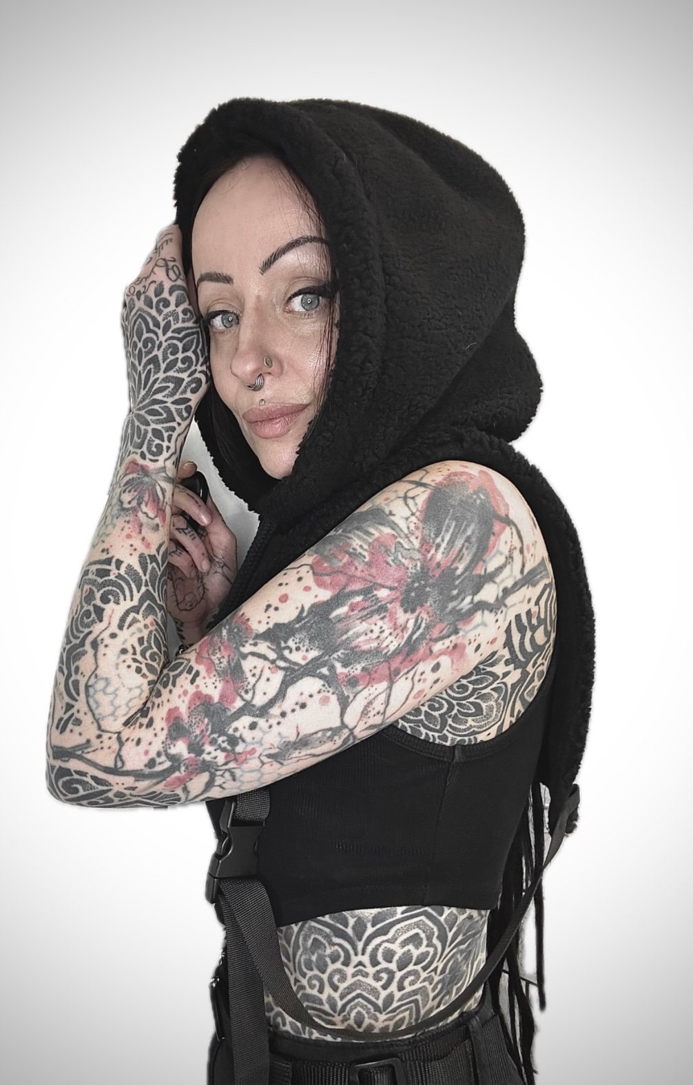 Black Sherpa Fleece Hooded Poncho with Vegan Leather Pocket // Techwear/ Goth Style