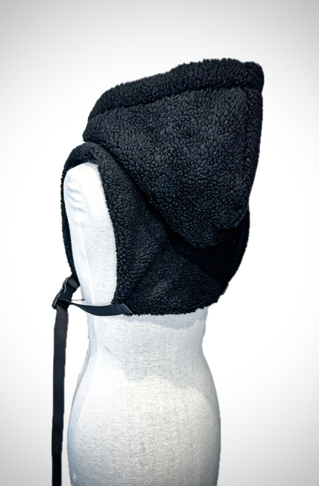 Black Sherpa Fleece Hooded Poncho with Vegan Leather Pocket // Techwear/ Goth Style